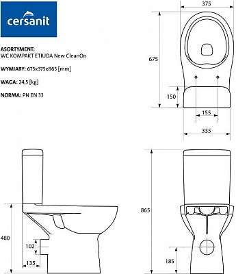 Cersanit Унитаз-компакт Cersanit Etiuda KO-ETI010-3/6-COn безободковый, рисунок 1